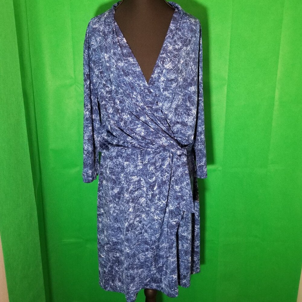 H by Halston Womens Large Faux Wrap Dress Blue 3/4 Sleeve City Career Party